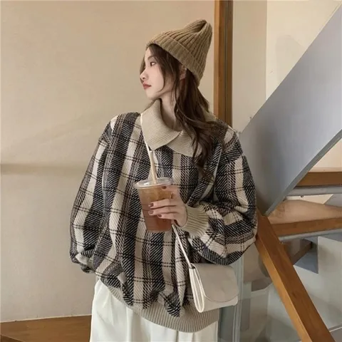 [VY] 여자 니트카라 키치룩 소매시보리 체크패턴 맨투맨_15526644_588847