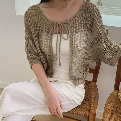 [하프클럽] 루즈핏 여름 스카시 그물 니트 볼레로 7부 레이어드 크롭 가디건