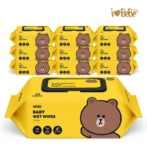 라인프렌즈 브라운 레이온100% 75g 77매 10팩 캡형 아기물티슈