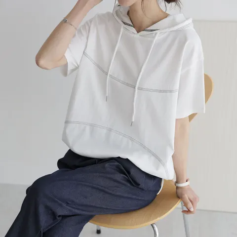 여자 스티치 반팔후드티 스트링 오버핏 썸머 티셔츠