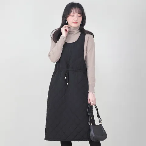 엄마옷 다이아 솜 패딩 퀼팅 누빔 유넥 허리스트링 여성 겨울 조끼 원피스 K01531