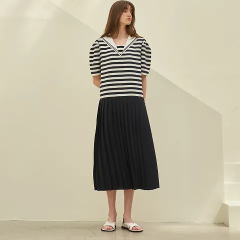 [미테]SAILOR COLLOR MIX PLEATS DRESS_NAVY STRIPE