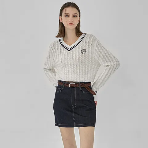 케이블 프레피 자수 브이넥 니트T-6610