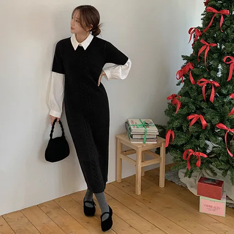 [공구우먼] [제작] [특가 PROJECT] 체닛 5부 소매 니트 롱 원피스 72667 빅사이즈 여성의류