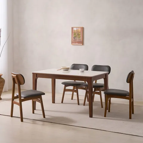 라움 폴리싱 세라믹 4인 식탁세트 원목 월넛 프레임 화이트유광 상판