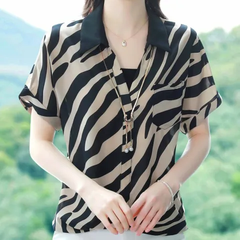 [브리치] 허그허그 / 지브라 반팔 쿨 실크 블라우스