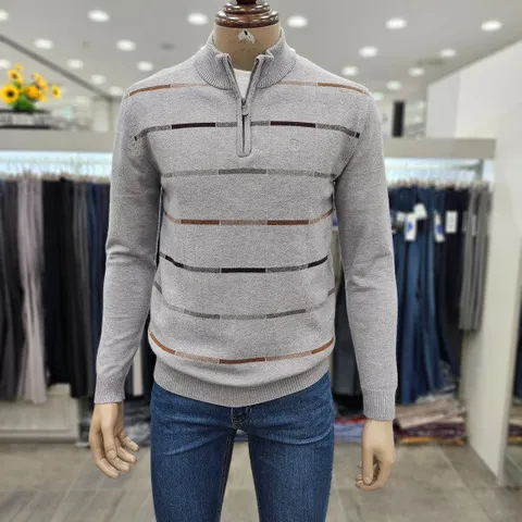 (모다인천점)그레이 스트라이프 반집업 니트/PPKR3302A_IC_1