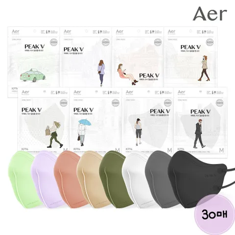 피크V 라이트핏 KF94 30매 새부리형 컬러 마스크 [대형 / 중형 / 소형] [화이트/블랙/그레이/베이지/코랄핑크/그린/퍼플]