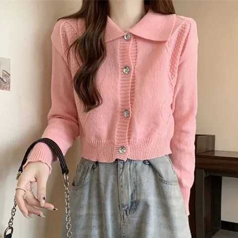 여성 3컬러 빅카라 크롭 디자인 가디건