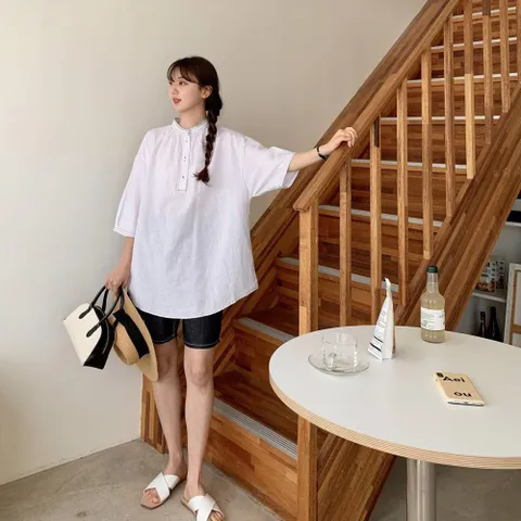 [옷자락] 여자 차이나넥 스티치 여름 7부 긴 반팔 면 블라우스