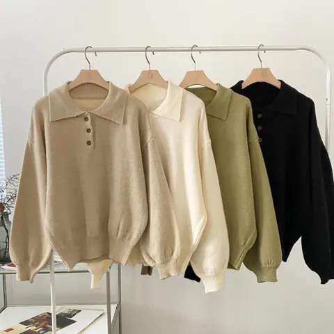 여자 데일리 버튼 카라넥 여리여리 퍼프 티셔츠 니트