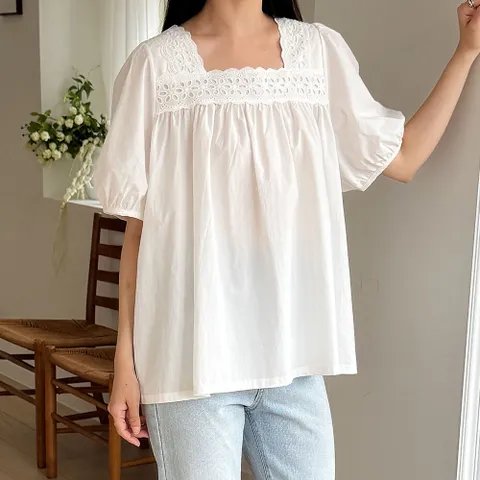 여자 벌룬 박스 펀칭 레이스 꽃무늬 블라우스