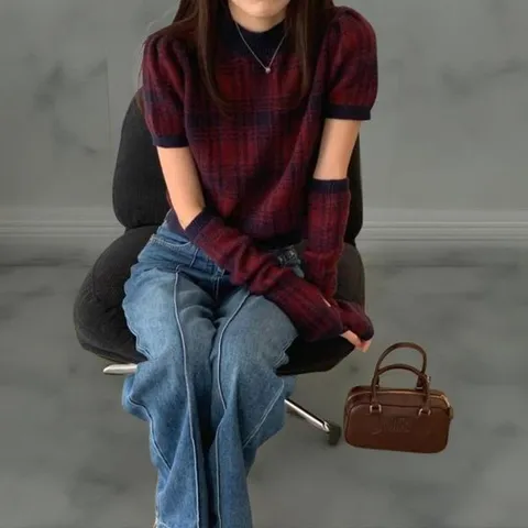 [하프클럽] 여성 클래식 컬러 배색 반팔 니트 세트