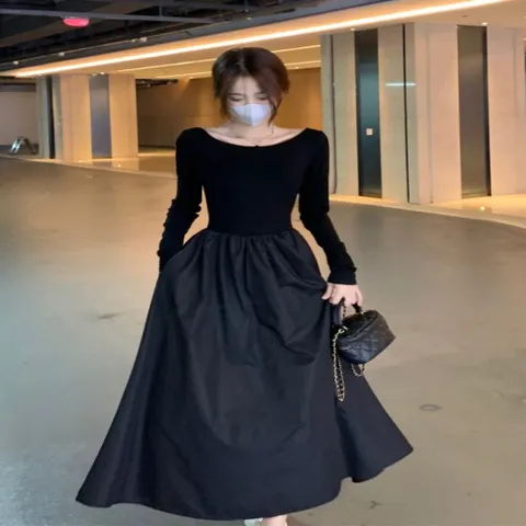 여성 여리여리 올블랙 라인 롱원피스 편한 긴팔원피스