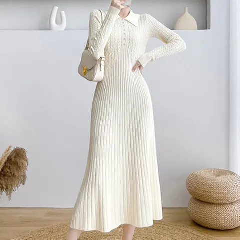 [브리치]  / NO599 꽈배기 골지 카라 긴팔 니트 원피스