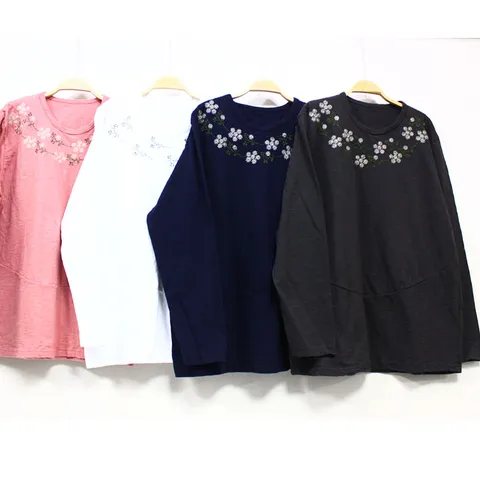 [시골양품점]블루 마미 꽃자수 긴팔 면 티셔츠 [BU31201] 편한 면티 국산 면100% 날씬해보여요