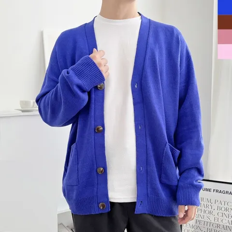 남성 오버핏 브이넥 버튼 니트 가디건 DM-CA-QOTT1022-코발트블루