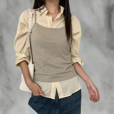 [하프클럽/여성 일상용 무지 색상 폴리 백스트랩 나시탑