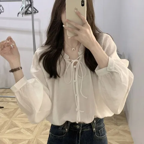 스트링 넥 셔링 긴팔 블라우스 여유핏 20대룩 하객룩 하객블라우스 가을여성블라우스