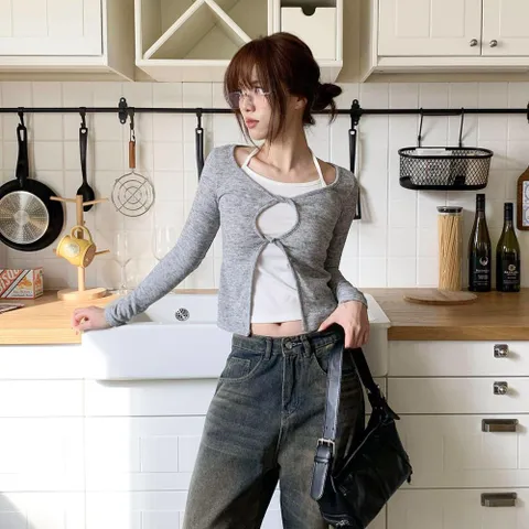 여자 데이트룩 레이어드 크롭 긴팔티