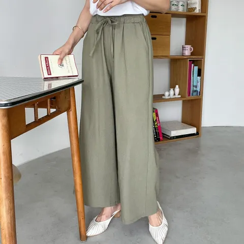 여성 봄 여름 쿨 린넨 무지 스트링 밴딩 통바지 썸머 시원한 마 와이드 팬츠