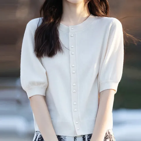 [브리치]  / NK3046 무지 심플 라운드넥 반팔 니트 가디건