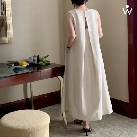 린넨 백 버튼 트임 민소매 롱 원피스 (WIAAOP072)