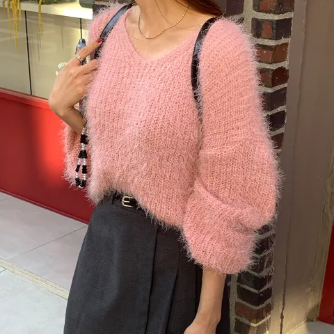 여성 8컬러 브이넥 부클 퍼 니트 앙고라니트 -FNT0090- 가을 겨울