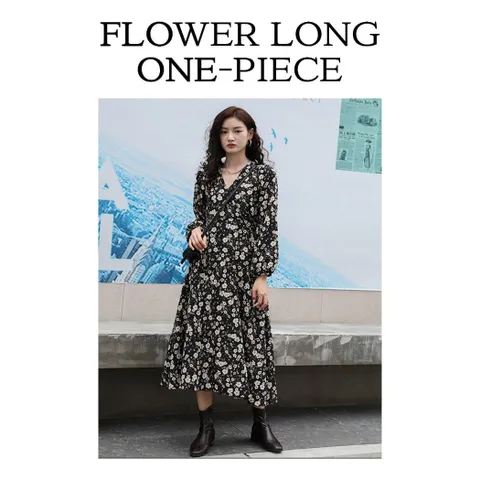 여자 꽃무늬원피스 플라워 롱원피스 브이넥 허리끈 가을원피스 롱원피스 프린트원피스
