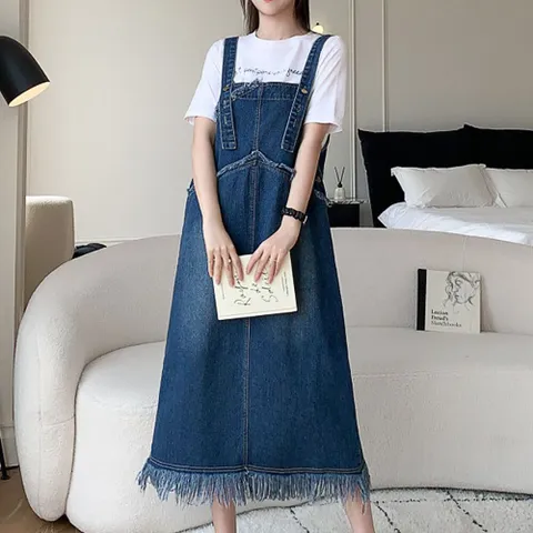 [브리치]  / NO694 수술 포인트 버튼 멜빵 데님 원피스