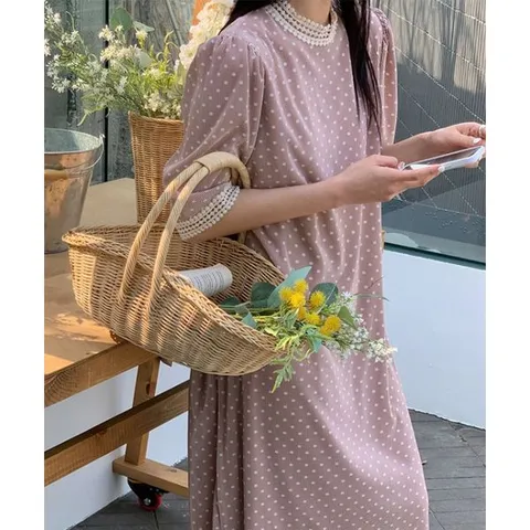 [하프클럽] 도트 땡땡이 레이스 롱 H라인 맥시 원피스 미시룩 러블리 퓨어 모임룩 하객룩 여리여리
