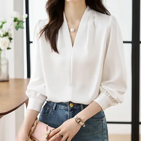 [하프클럽] 새틴 노카라 브이넥 블라우스 blk004413