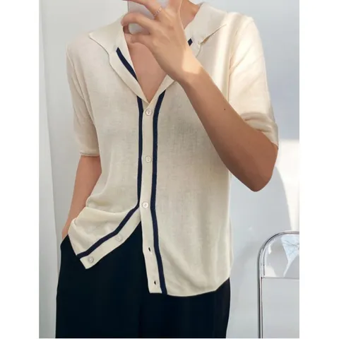 [하프클럽/카라넥 심플 버튼업 라인 반팔 니트 가디건 (WIBACD058)