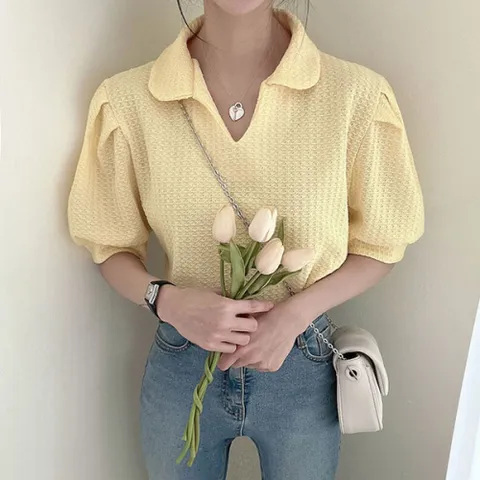 [브리치]  / 카라넥 브이넥 퍼프소매 루즈핏 와플 블라우스 티