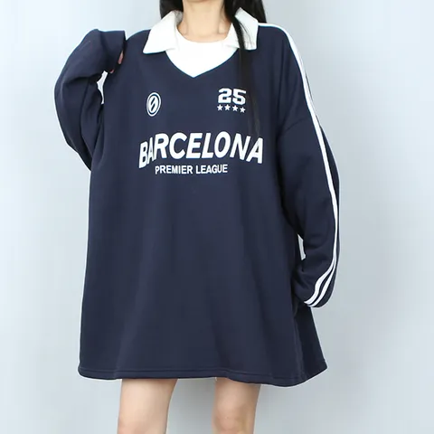 [하프클럽] (남녀공용) 바르셀로나 카라 배색 오버핏 기모 맨투맨 빅사이즈 커플티 ()