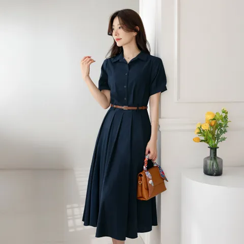 (~XXL까지) 다모에 셔츠 퍼프소매 핀턱 플리츠 벨트 원피스 여름 하객룩 오피스룩 모임 미시 빅사이즈