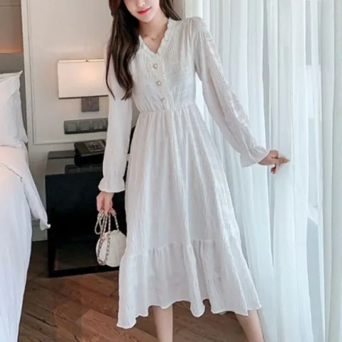 긴팔 패션 진주 원피스 버튼 프릴 데일리 여름원피스 롱원피스 쉬폰원피스 정장원피스