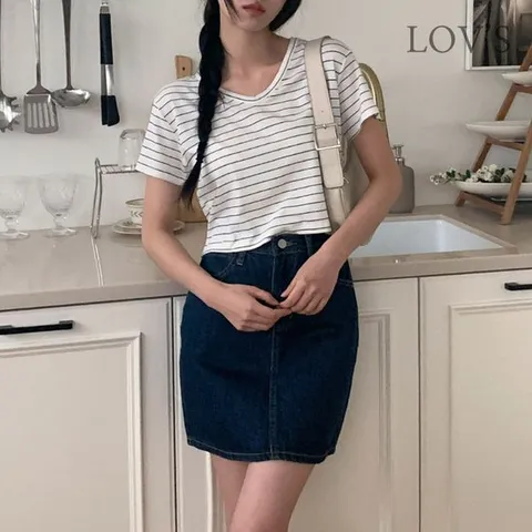 [하프클럽/롤리팝크롭티/스트라이프 반팔 티