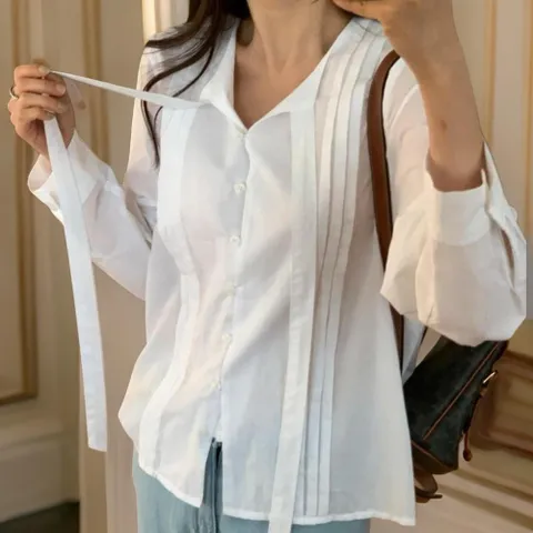 여성 타이넥 무지컬러 핀턱 롱슬리브 블라우스