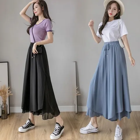 여자 쉬폰 포인트 와이드 편안한 9부 치마바지