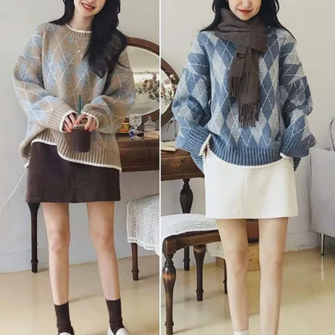 편한 여성 아가일 니트티 FW 오버테이크 아가일 니트 울 브이넥 루즈핏 긴팔니트 달리언니