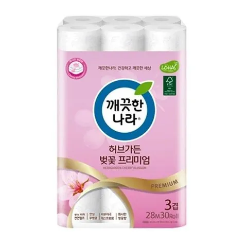 [하프클럽] JU 깨끗한나라 허브가든 벚꽃 롤화장지/ 두루마리/ 30개입 1팩/ 나뭇잎 엠보싱