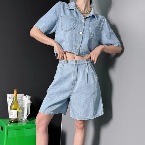 여자 청청셋업 크롭 포켓 청남방 4부 여름반바지 세트