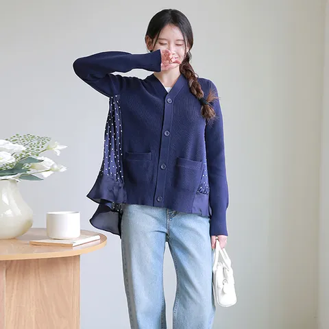 [최초가 99,000원]라이트문 우븐 니트 믹스 플리츠 가디건