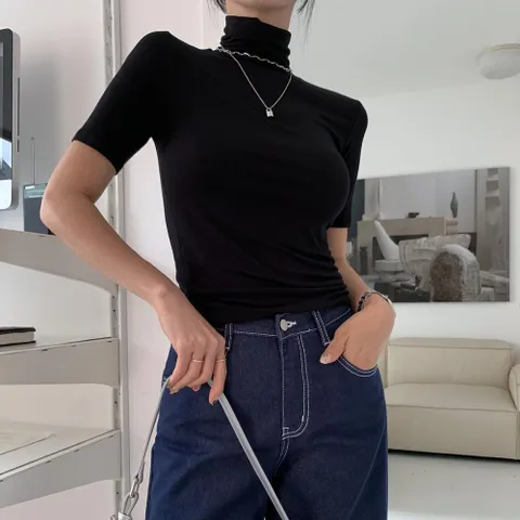 여자 폴라 반팔 무지 티셔츠