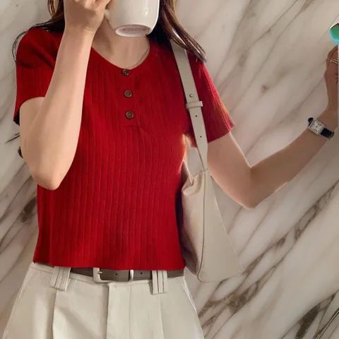 [다잇템] 여자 라운드 꽃펀칭 골지반팔티 빨간색 니트