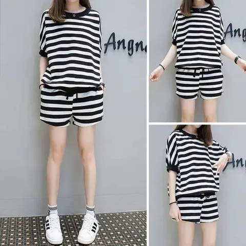 꾸안꾸 추리닝 여자 줄무늬 트레이닝 세트 줄무늬티셔츠 여름셋업 코디세트 단가라티셔츠