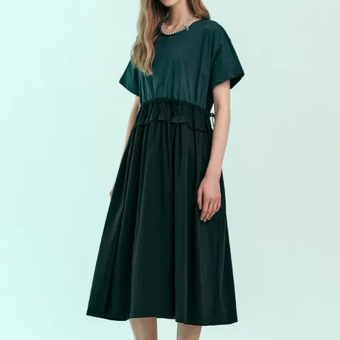 [마쟈] 러플 셔링 스트링 루즈핏 롱 원피스