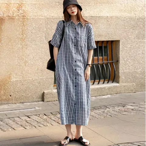 256006 - 지지미 체크셔츠 롱원피스 펀칭원피스 인견원피스 빅사이즈원피스 면원피스 여름원피스 맥시롱원피