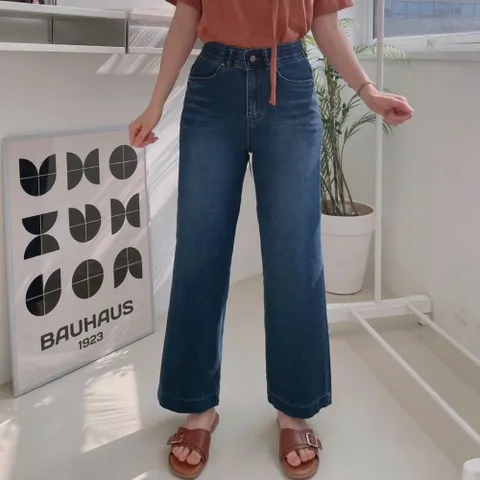 여자 가을 겨울 스판 히든밴딩 9부 주자원단 통일자 청바지 간절기 와이드 데님팬츠